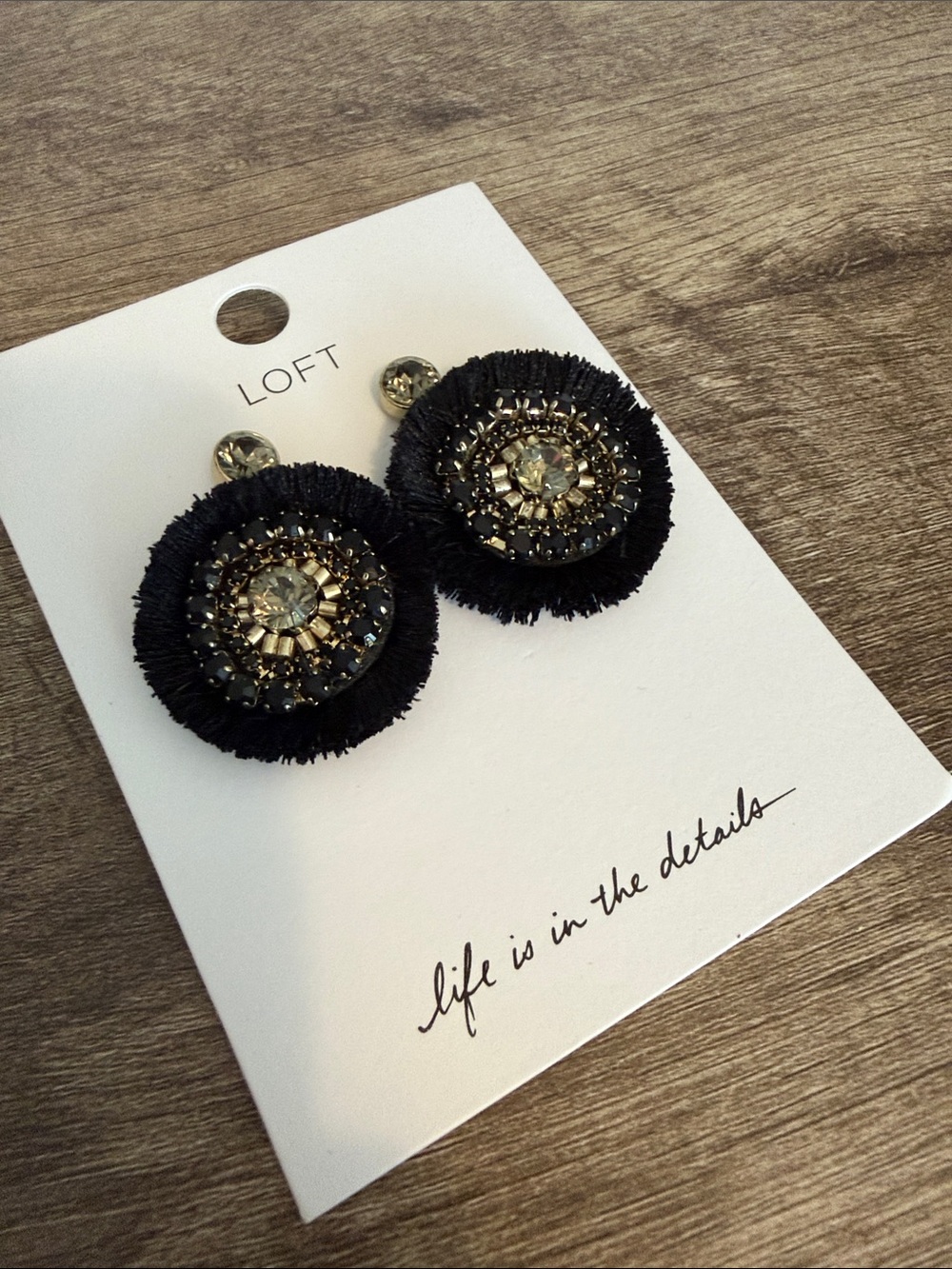 LOFT Black Fringe and Crystal Medallion Drop Earrings